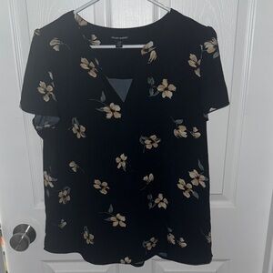 Hilary Radley Black Blouse with Peach Floral Design
